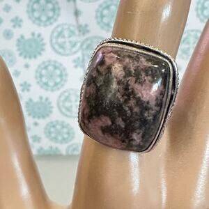 Rhodonite gemstone, silver overlay stamped 925 ring‎ adjustable handcrafted